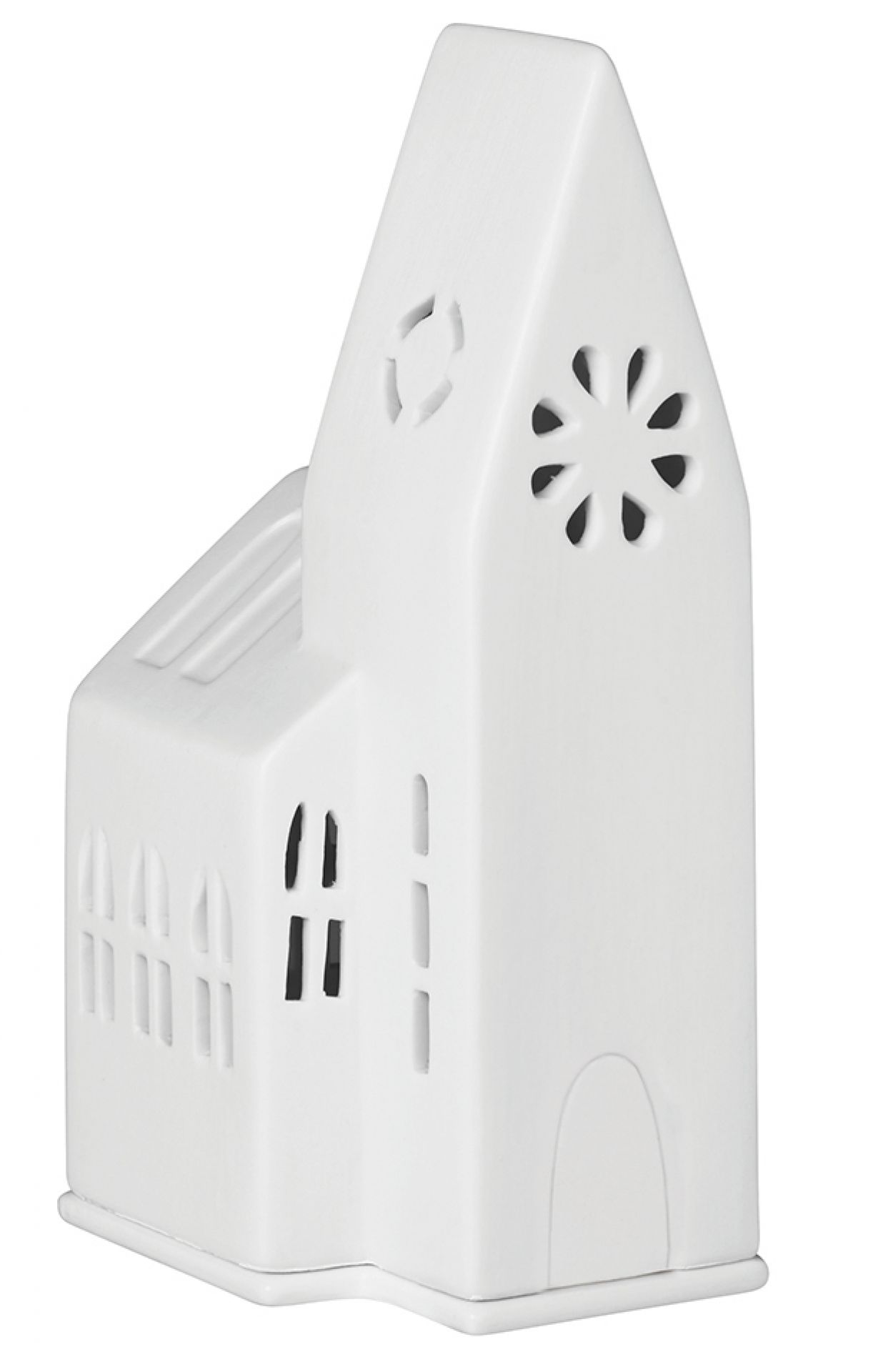 Zuhause Lichthaus kleine Kirche Räder, weiße Keramik Dekoration für Weihnachten und Winterzeit.